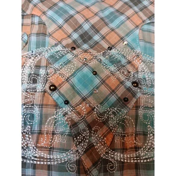Wrangler Rock 47 Womens L Shirt Plaid Rhinestone Snap Front Embroidered Cotton - Picture 9 of 9